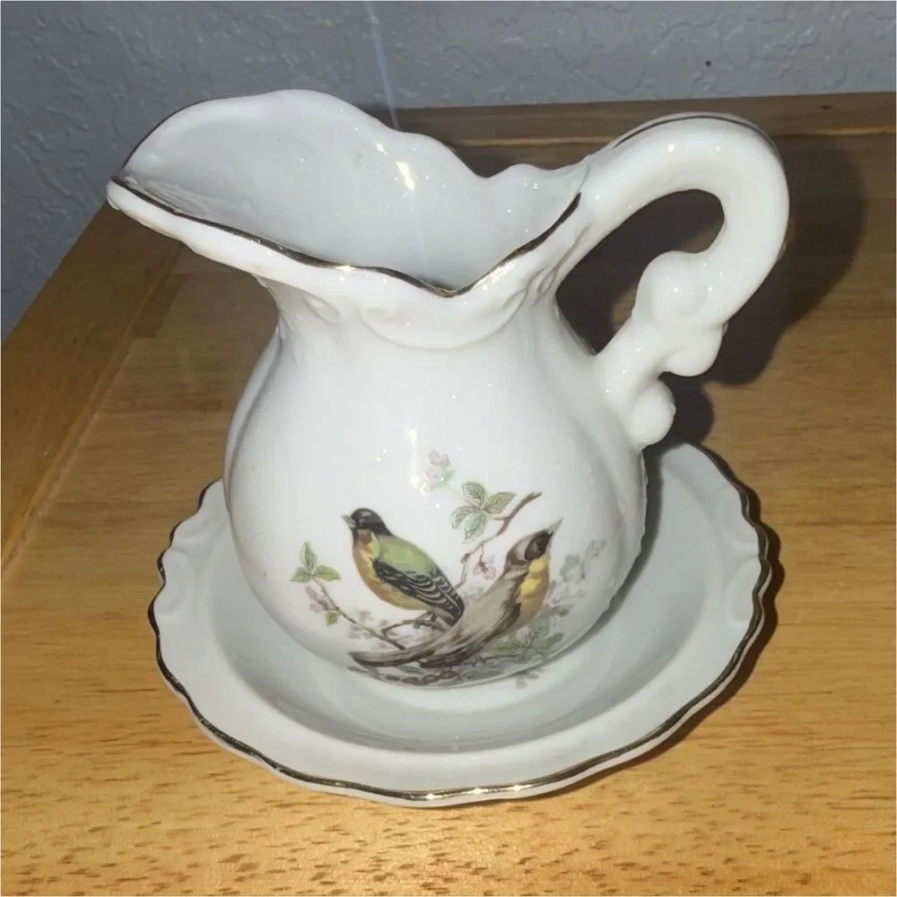 Vintage White Glossy Ceramic Bird Pitcher & Matching Bowl 2pc Set, Made in Japan